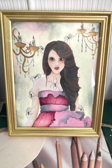 Female Vampire Original Painting with Black Widow Spiders in Vintage Gold Frame. Gothic Wall Art, Whimsical Home Decor Gift