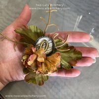 Handmade Victorian Inspired Hair Clip with Rustic Orange and Pink Carnations, Green Leaves, and Newsprint Button with Number Zero