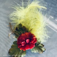 Handmade Vintage Inspired Hair Pin with Red Carnation, Green Leaves, and Yellow Faux Feathers