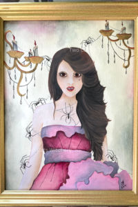 Vampire Original Painting with Black Widow Spiders. Acrylic Paint with a Vintage Golden Frame, Titled The Widow Maker