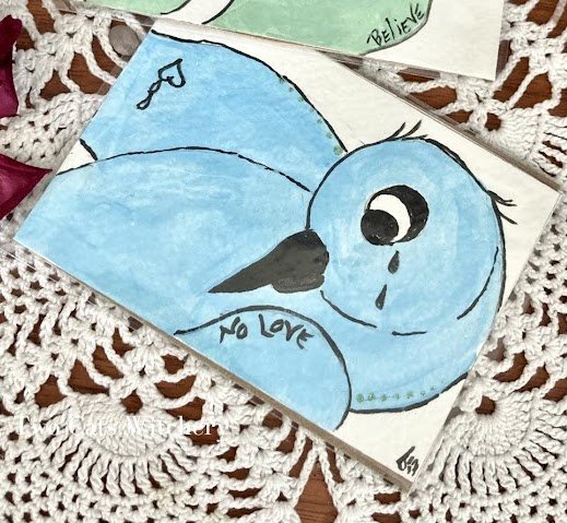bluebird green bird artwork mini art aceo