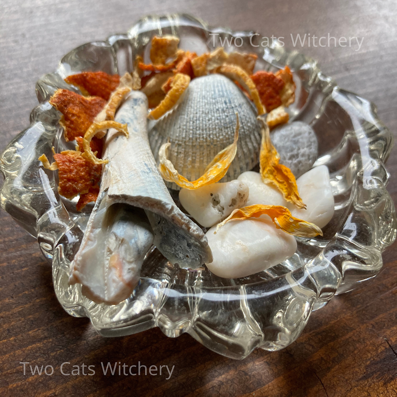 sea shells and crystals in a glass bowl