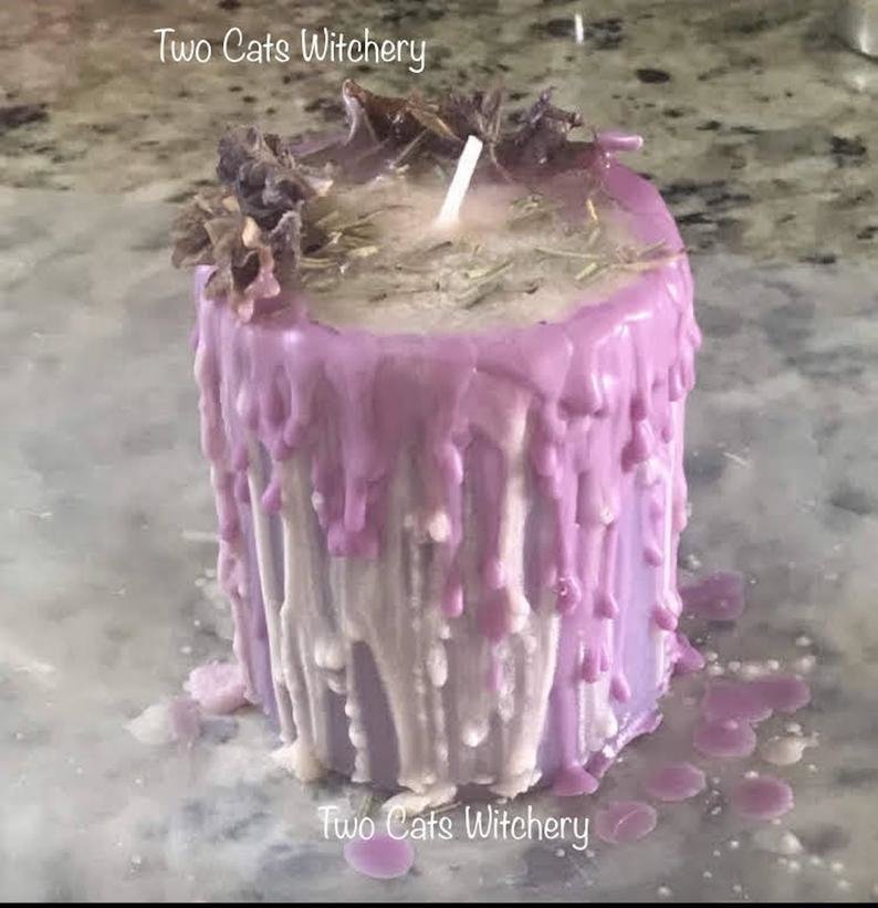 Purple Pillar Candle with Violets