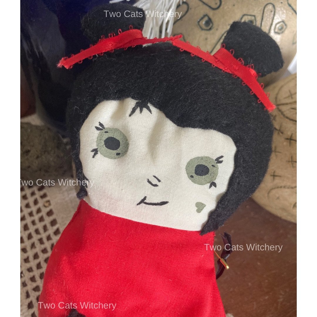 Red Fabric Plush Handmade Doll, Hand Sewn and Hand Painted Face