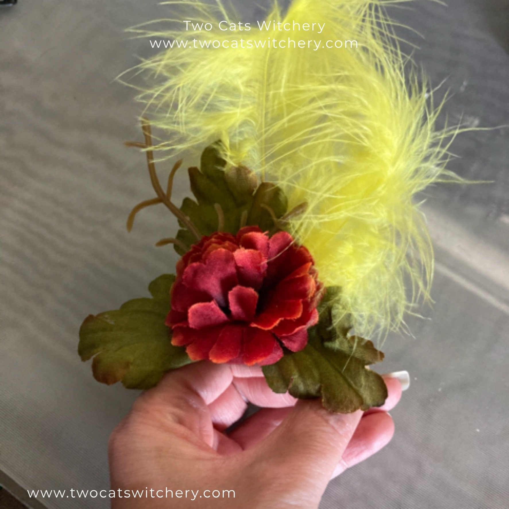 Handmade Vintage Inspired Hair Pin with Red Carnation, Green Leaves, and Yellow Faux Feathers