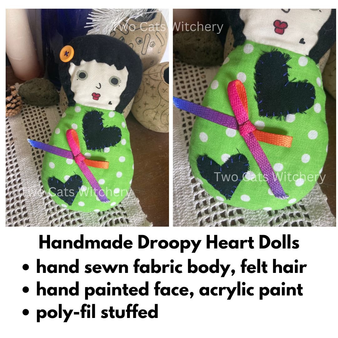 Green Fabric Plush Handmade Doll, Hand Sewn and Hand Painted Face