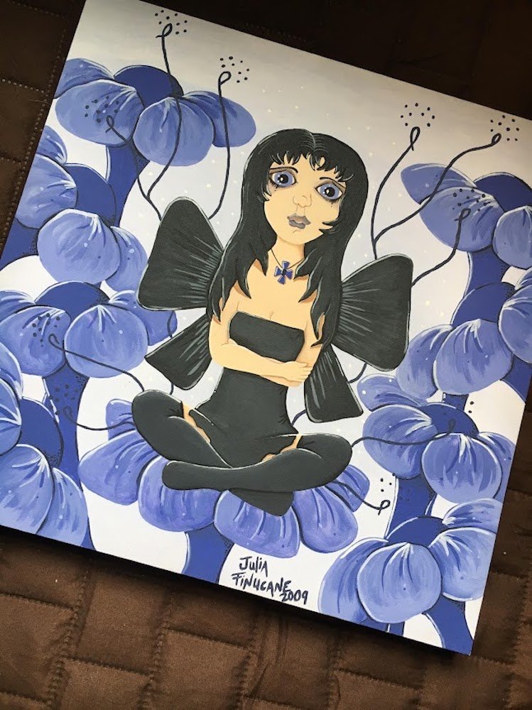 Big Eye Fairy Original Painting with Purple Flowers, Black Wings, and Painted on Wood Canvas, 12 x 12 inches Ready to Hang