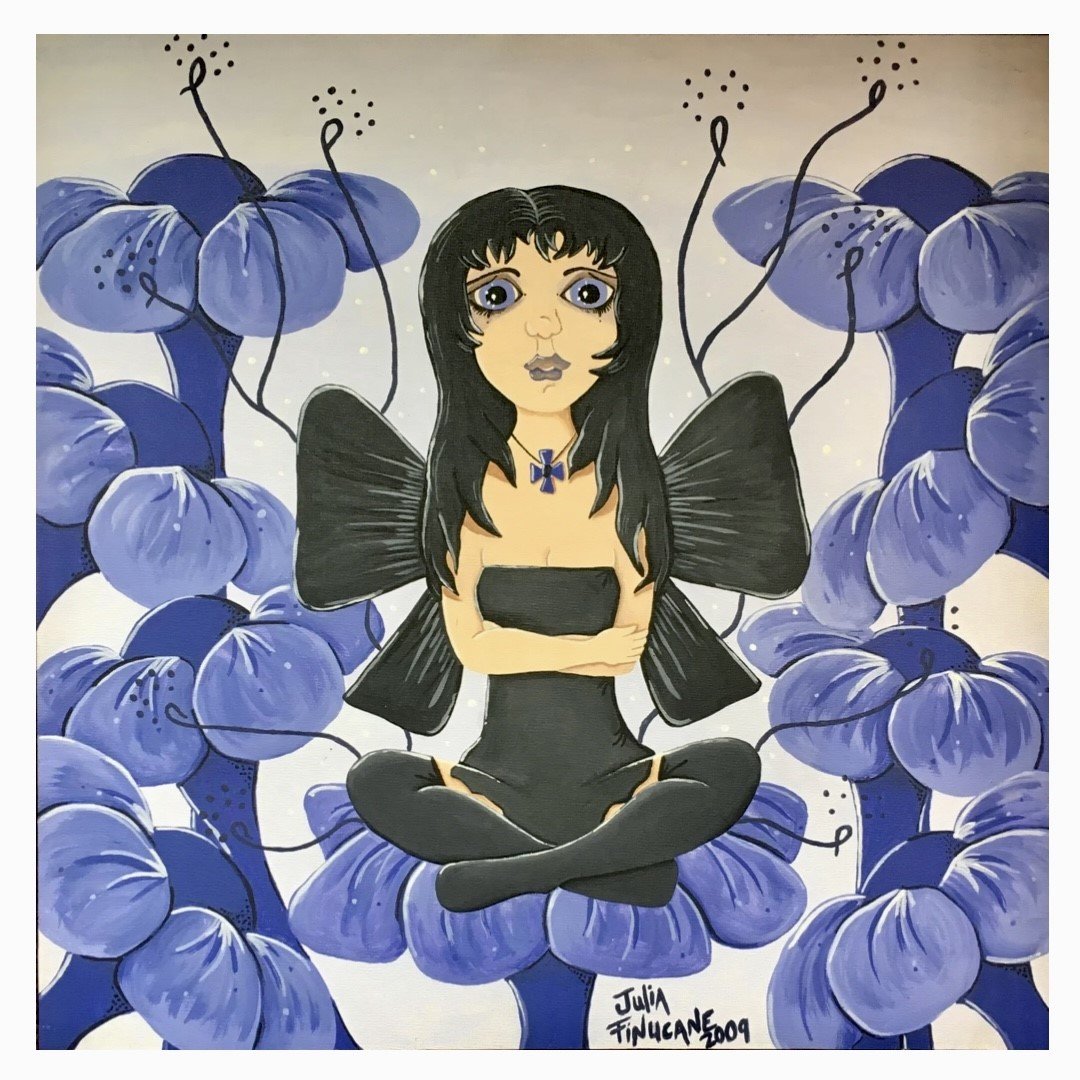 Big Eye Fairy Original Painting with Purple Flowers, Black Wings, and Painted on Wood Canvas, 12 x 12 inches Ready to Hang