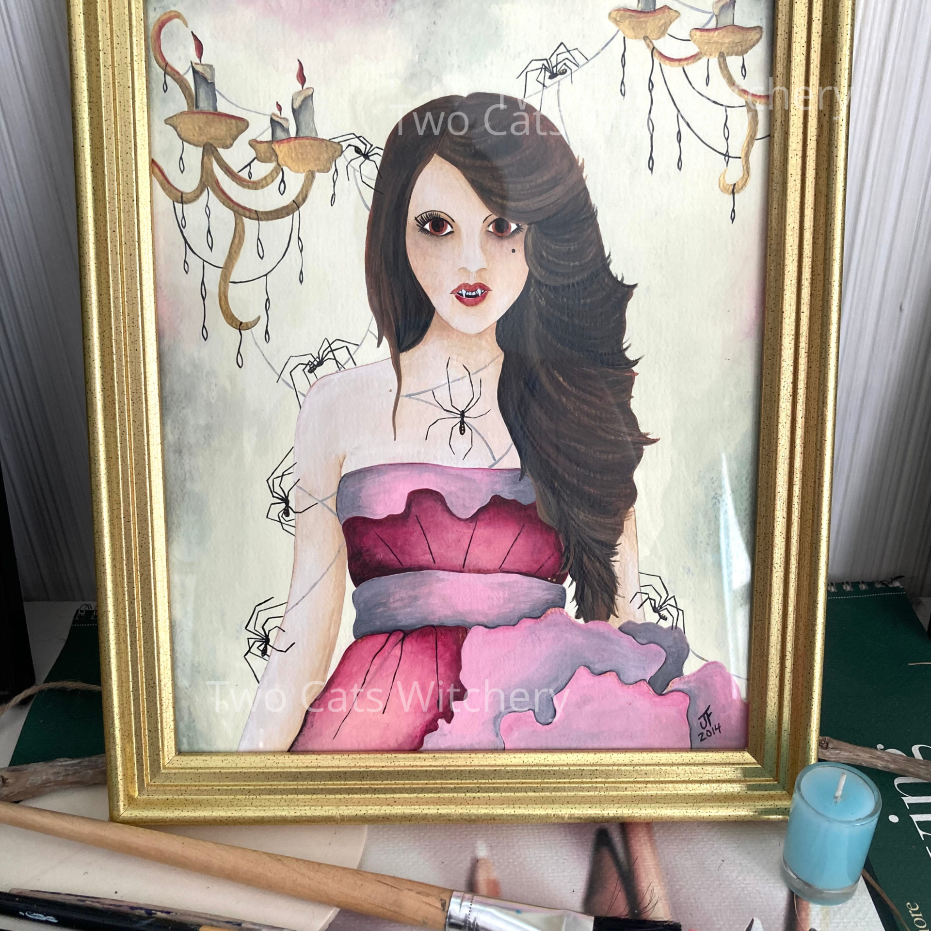 Vampire Original Painting with Black Widow Spiders. Acrylic Paint with a Vintage Golden Frame, Titled The Widow Maker