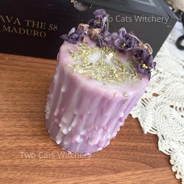 Purple Pillar Candle with Violets