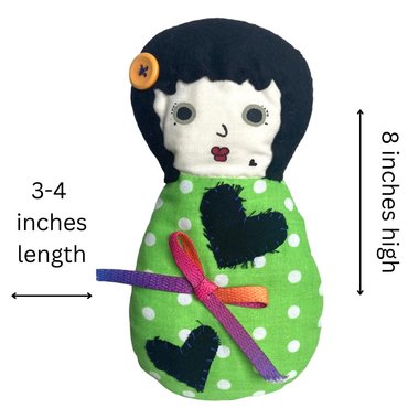 Green Fabric Plush Handmade Doll, Hand Sewn and Hand Painted Face