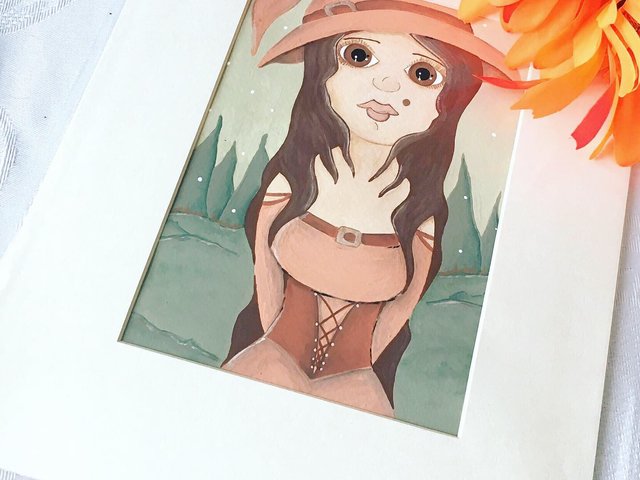 Fantasy original painting of a forest witch with big eyes