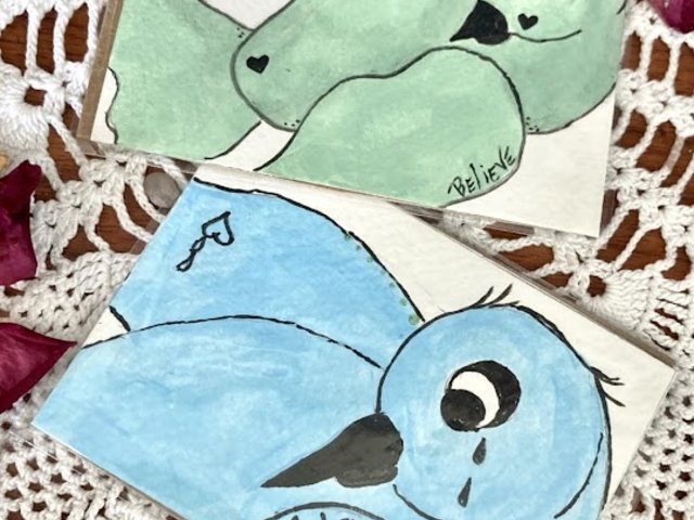 bluebird and green bird mini art aceo size