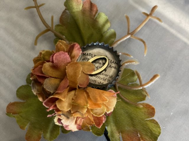Handmade Victorian Inspired Hair Clip with Rustic Orange and Pink Carnations, Green Leaves, and Newsprint Button with Number Zero